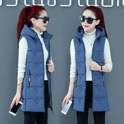 2024New Down Cotton Vest Female Mid-Length Female Student Jacket Down Cotton Vest Ladies Casual Waistcoat With Hooded Black  L10