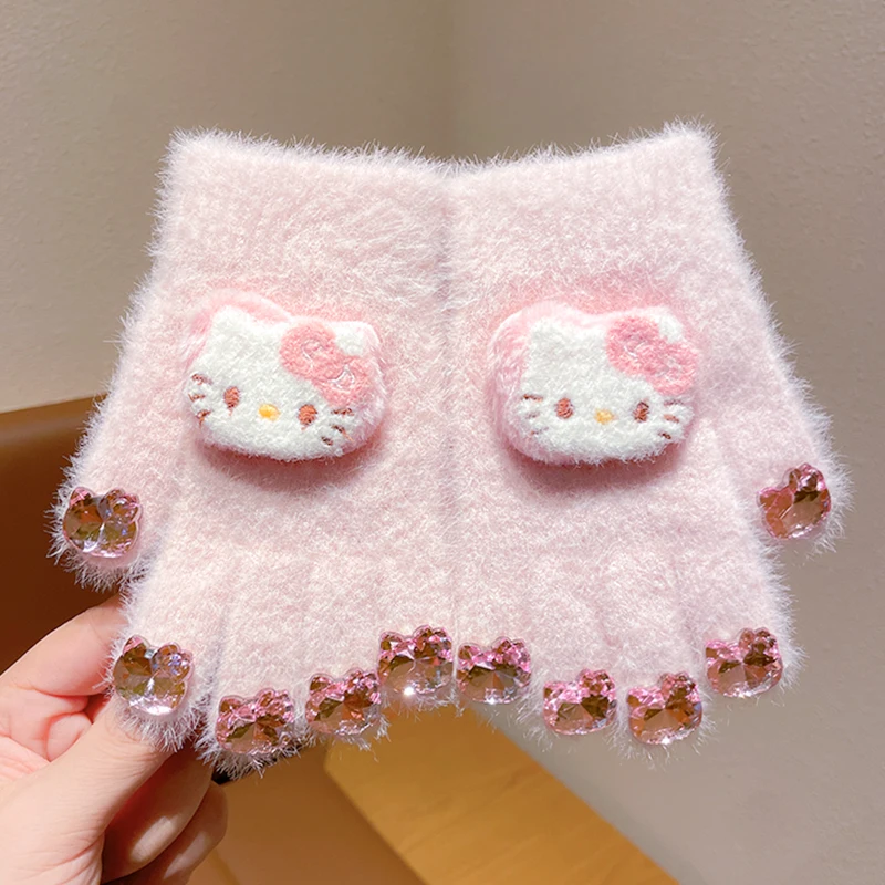 

Hello Kitty Rhinestone Glove 2025 Winter New Children Cute Cartoon Anti Cold Warm Gloves Girls' Soft Plush Knitted Pink Glove