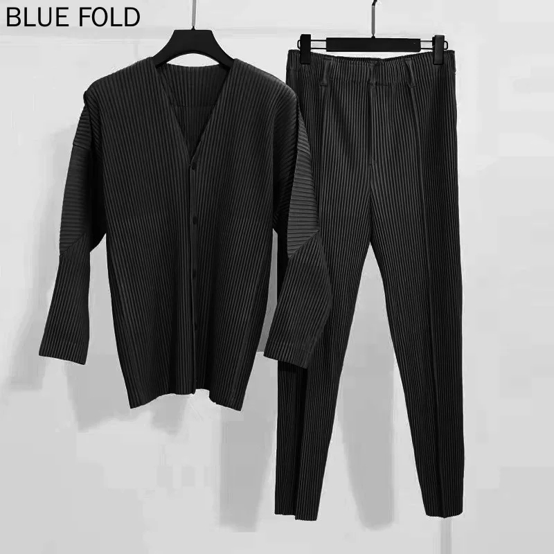 Miyake Pleated Jacket for Men, Casual Cardigan, Collarless Tops, Korean Coat, High-End, Spring