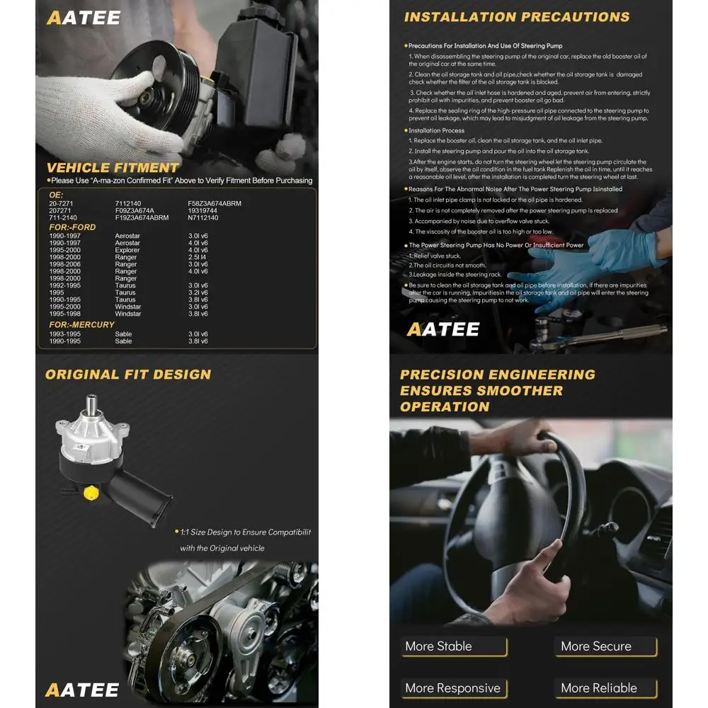 

Насос гидроусилителя руля AATEE с резервуаром шкива для:-Ford Explorer 1995-2000, Ranger 1998-2006, Taurus 1990-1995, Windstar 1995-