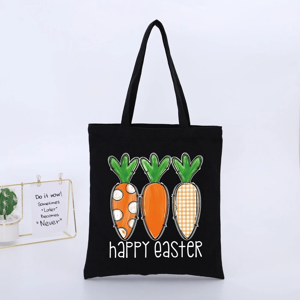 Easter Themed Black Canvas Tote Bag with Carrot Graphics, Casual Style for Spring Shopping and Holiday Outings