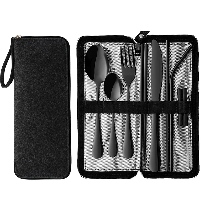 10pcs Portable Utensils Travel Camping Cutlery Set Tableware Set Knife Stainless Steel Fork Spoon Chopsticks Straw Brush Gift