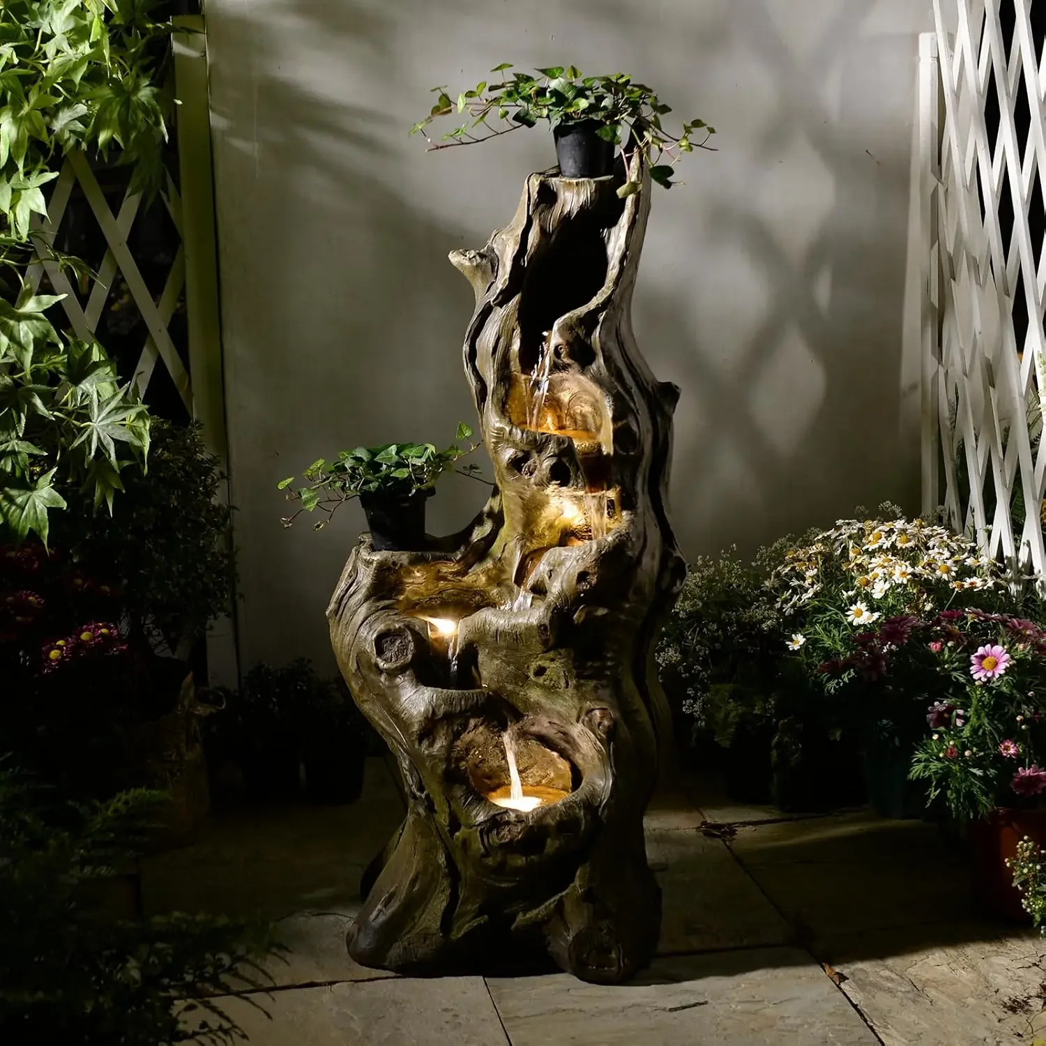 Water Fountain Outdoor 5-Tiers Large Cascading Realistic Tree Trunk Natural Waterfall Outdoor Fountains Resin Imitation Wood wit