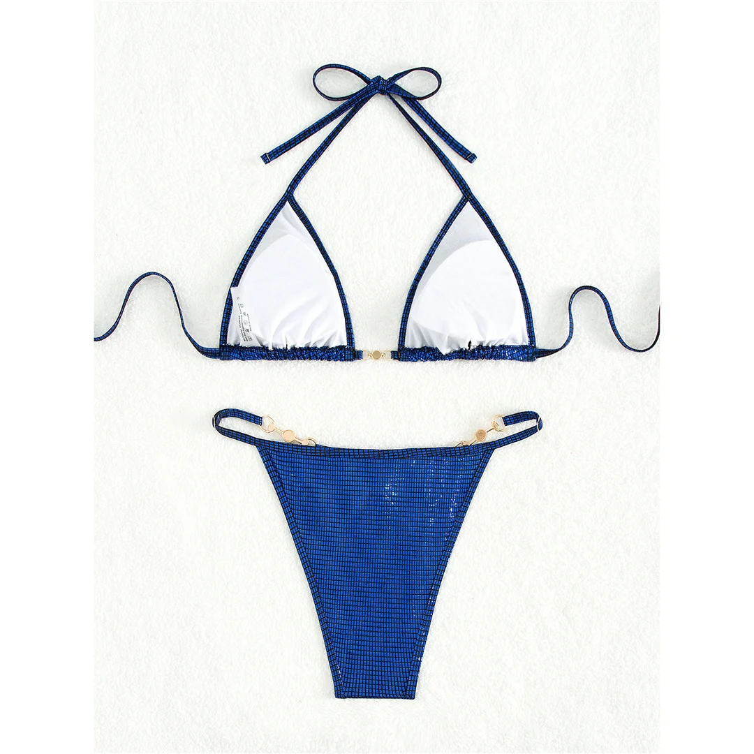 Sexy Perlen-Karomuster-Bikini mit Neckholder, Damen-Badeanzug, zweiteiliges Bikini-Set, Badeanzug mit hohem Beinausschnitt, Badebekleidung, Modell V6025. – Detail 12