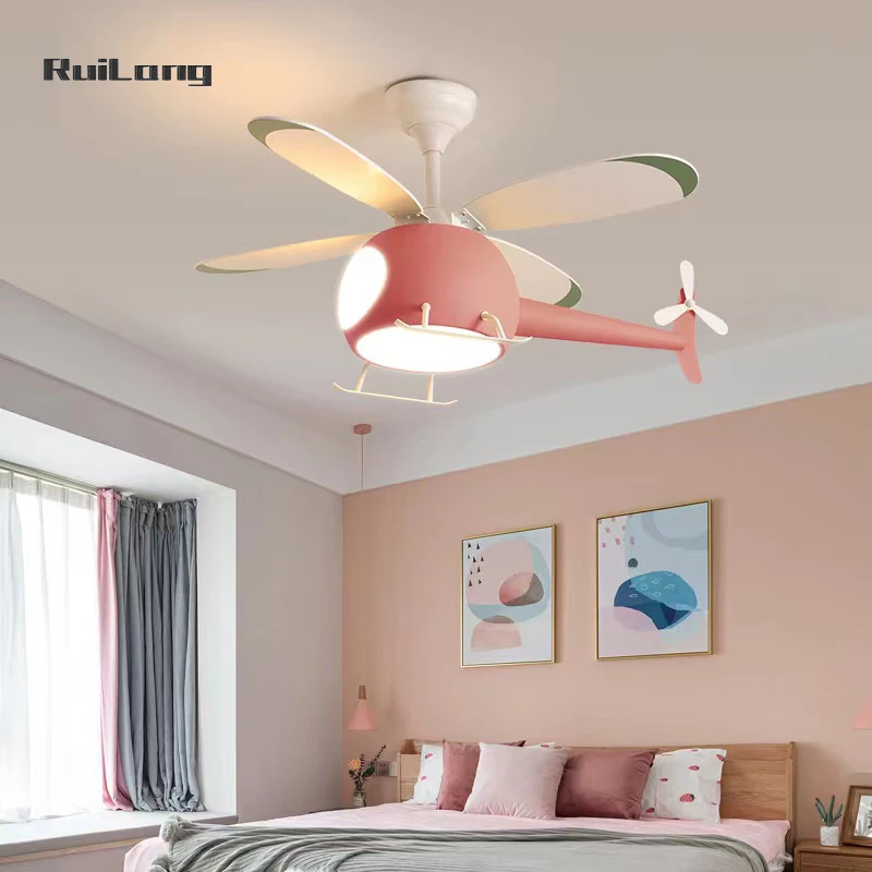 Helicopter Lamp Chandelier Kids Bedroom Girls Room Decor Pink Ceiling Fan Aircraft Light Study Nursery Baby Люстра Поingenлоч Es