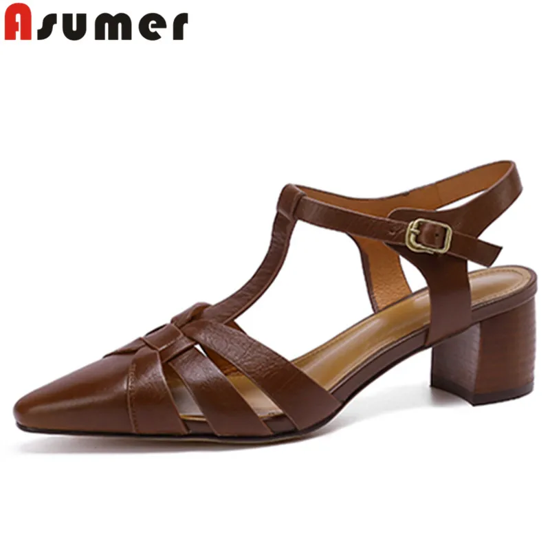 

ASUMER 2022 New Comfortable Genuine Leather Women Sandals Square Med Heels Sandals Rome Ladies Summer Dress Shoes