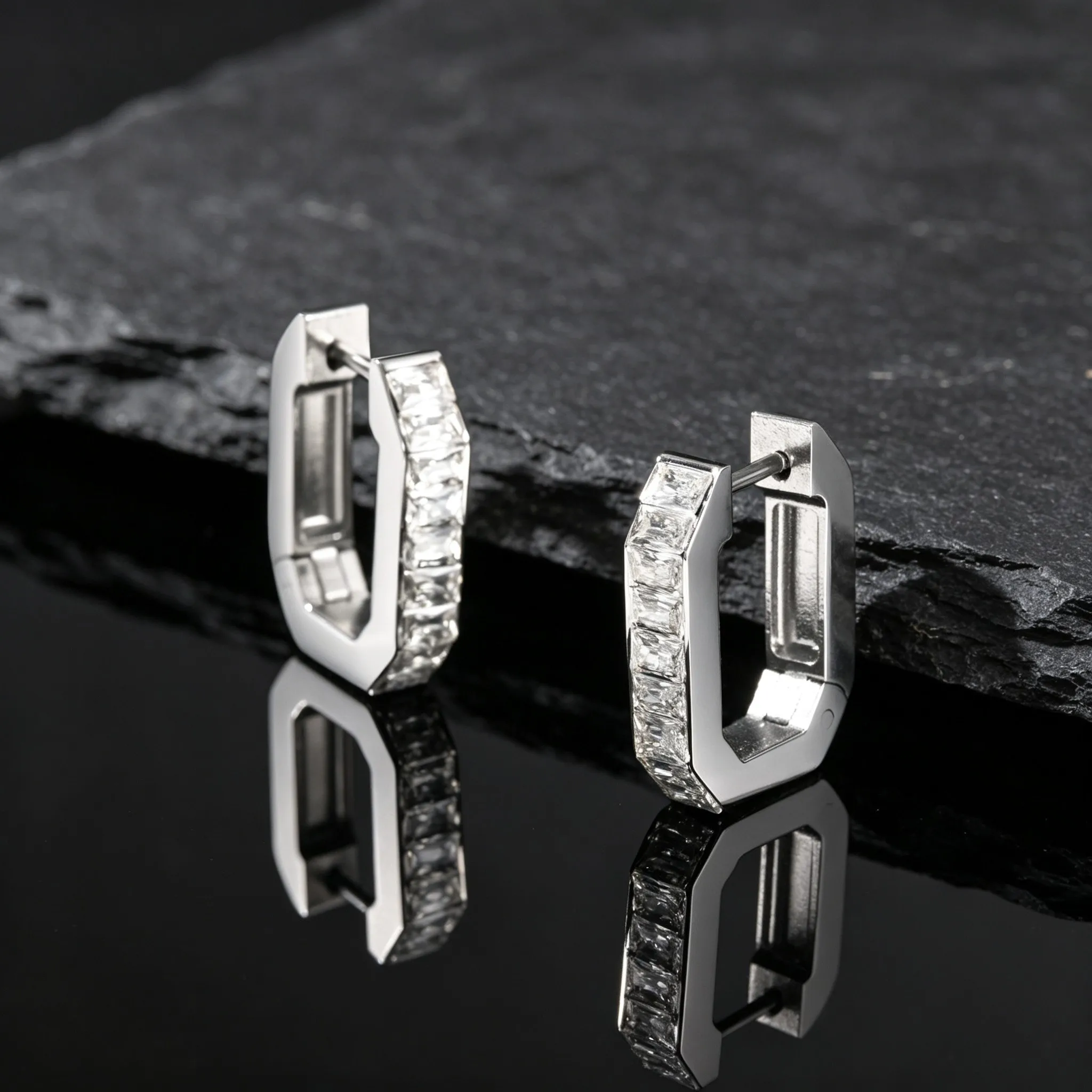 Hip Hop Men's Rhinestone Hoop Earrings,Hypoallergenic Stainelss Steel Zircon C-shape Hoop Earrings,Piercing Earring Jewelry