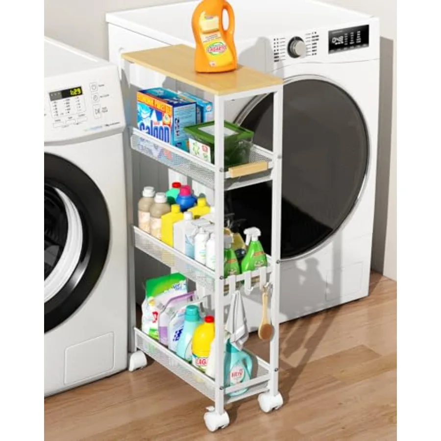 

Utility Slim Storage Cart, 4 Tier Rolling Cart with Wheels, Narrow Storage Cabinet for Bathroom, Laundry Shelves for Room Organ