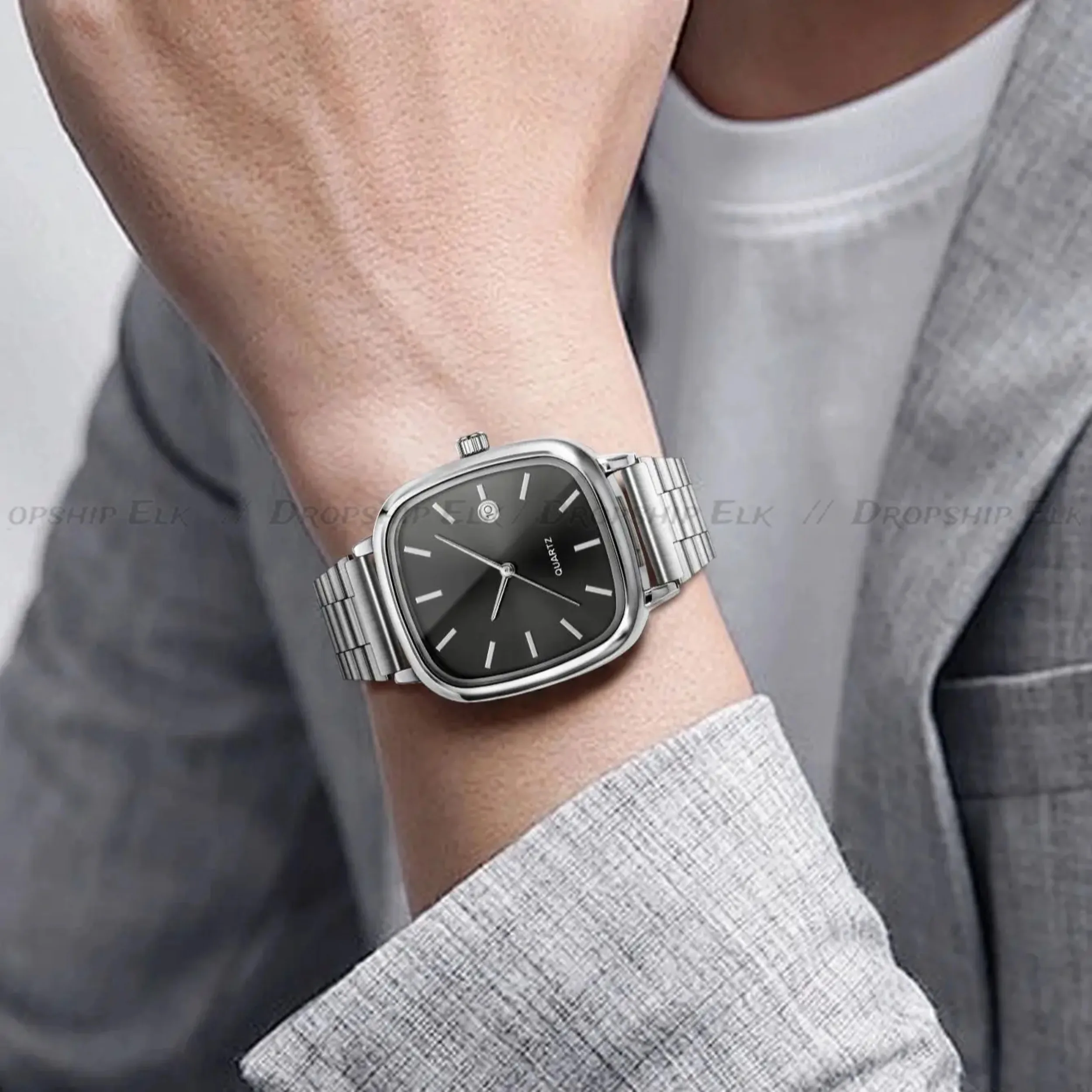 High Quality Minimalist Square Fashion Watch Business Mens Metal Watch Stainless Steel Chain Multi-scene Commuter Calendar Watch