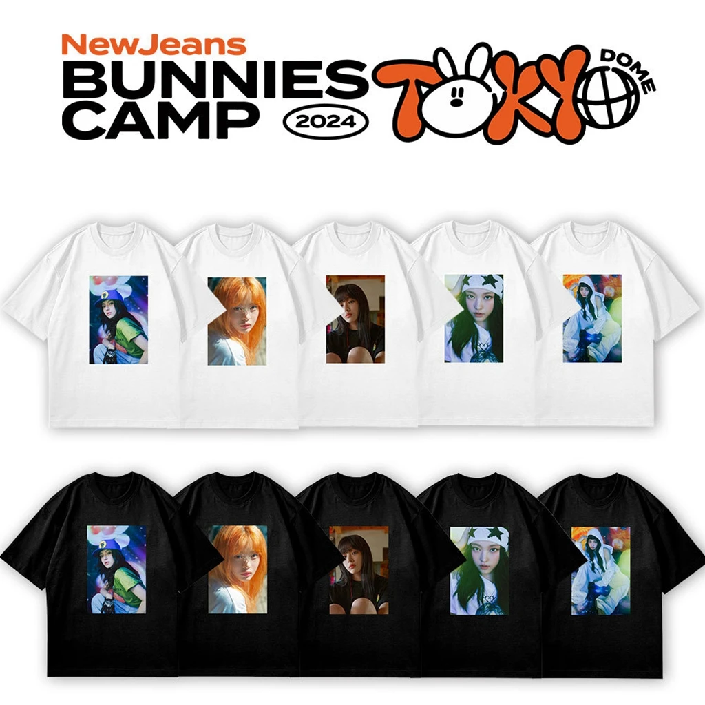 

Cotton Tops Women's Kpop New HYEIN Bunnies Camp Letter Print O Neck Short Sleeve Clothing Boys Girls Fashion Hip Hop T-Shirts