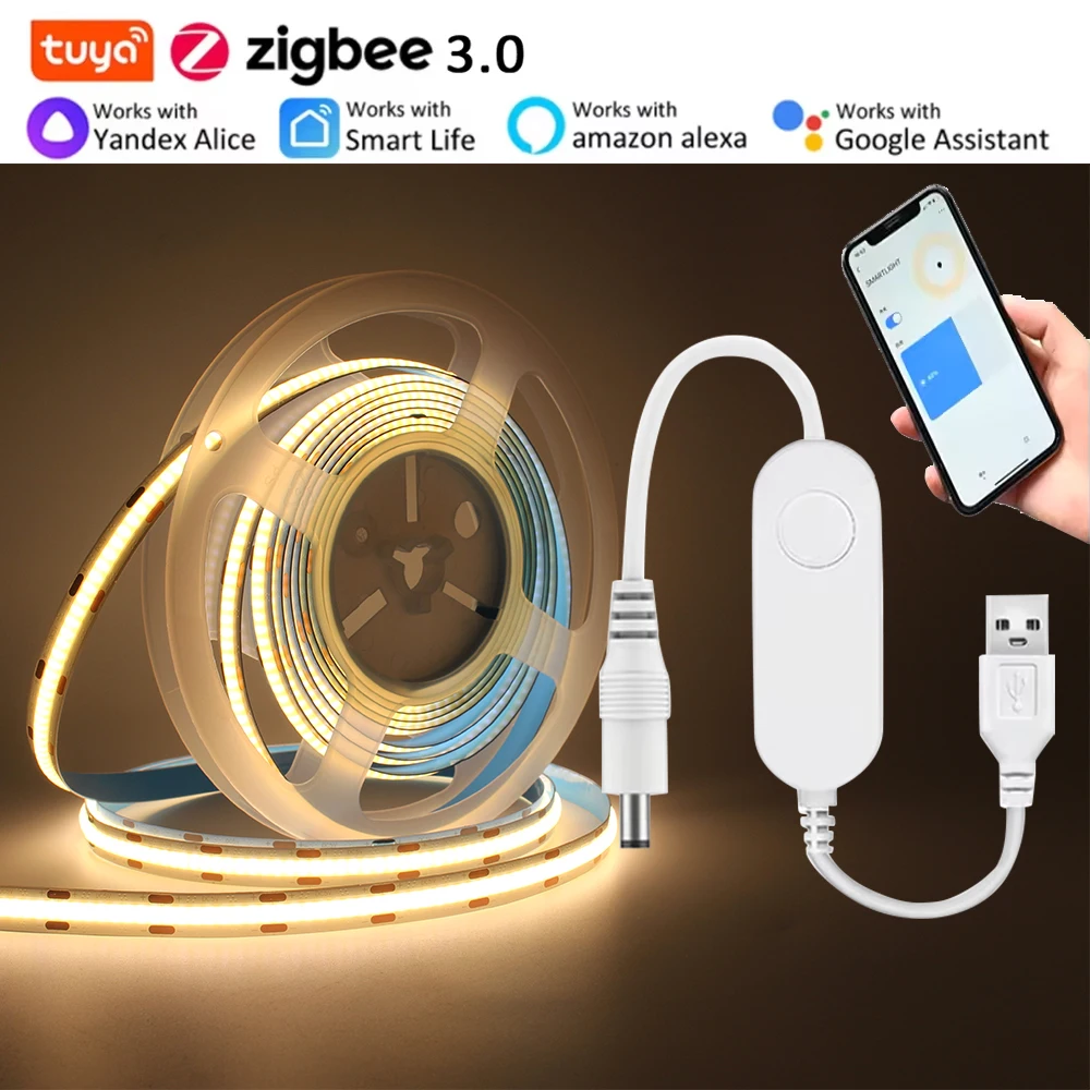 conjunto-de-fita-led-zigbee-tuya-wifi-com-controlador-zigbee-30-usb-5v-320-leds-m-luz-de-fita-led-cob-controle-pelo-app-smart-life-para-alexa-e-google