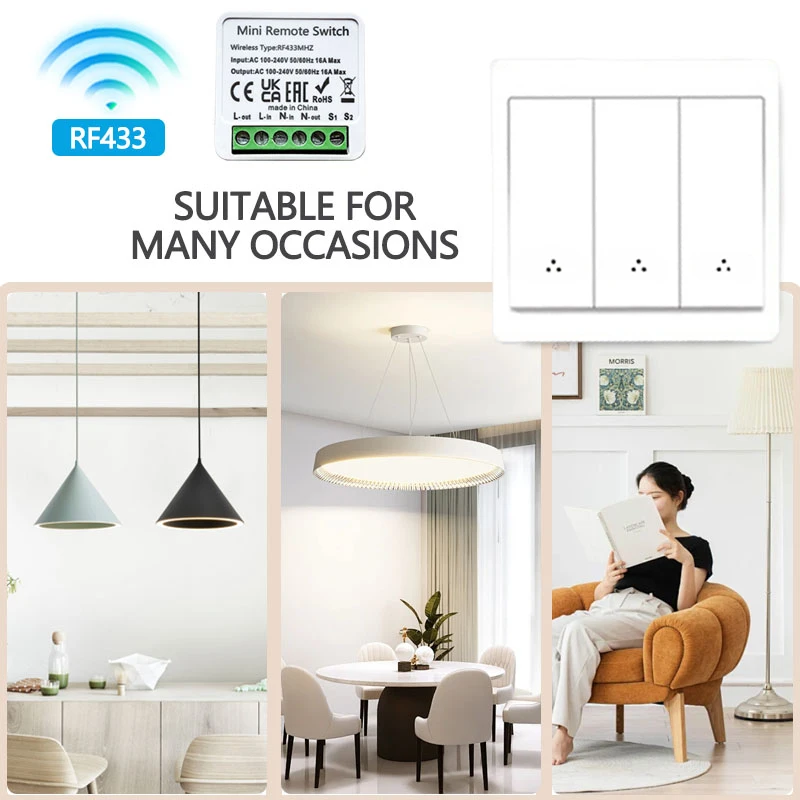 RF433MHz スマートワイヤレスリレースイッチモジュール 1/2/3 ギャング壁パネル & ミニラウンドボタン AC100–240V LED ライトスマートコントロール用