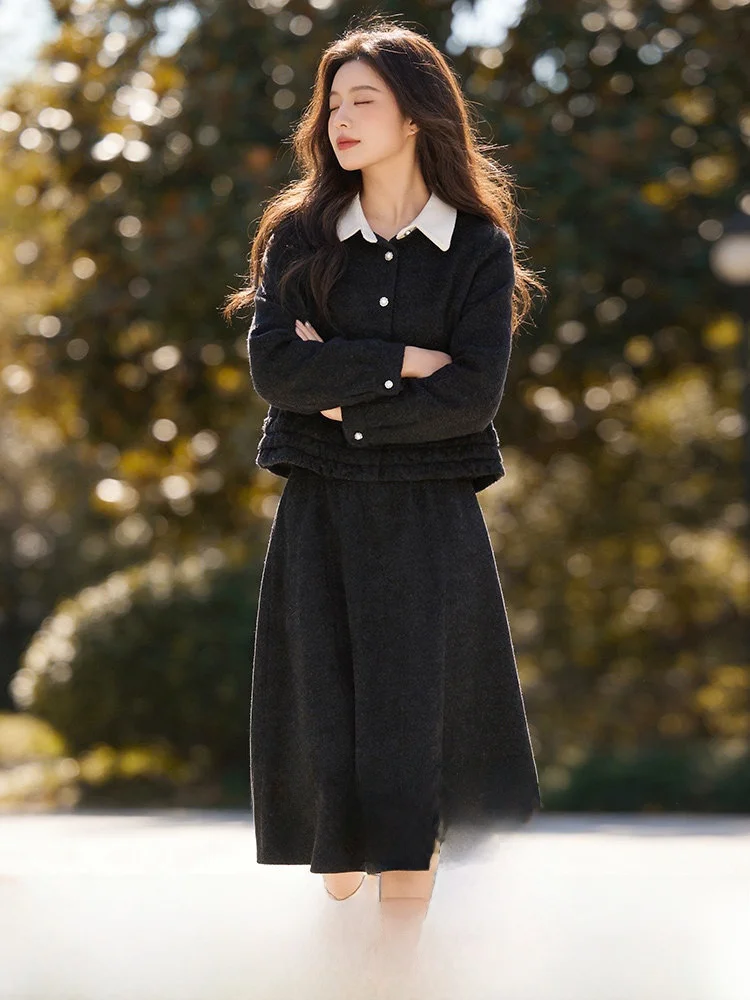 

Spring 2026 New Large Size Women's Woolen Coat And A-Line Skirt Two-Piece Set Casual Commute Style High Waist Polyester Fiber