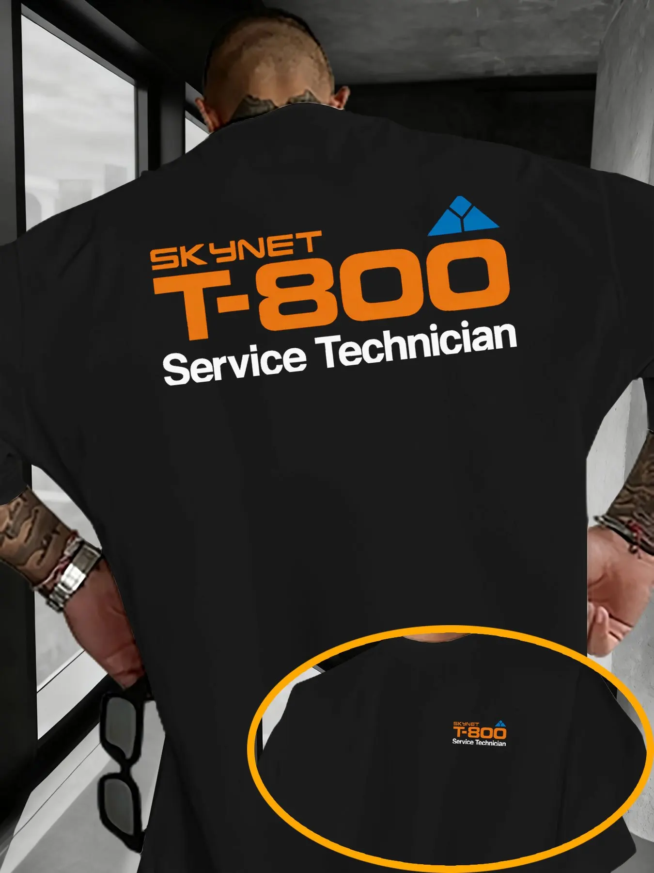 SKYNET T-800 Servi Technician Industrial Style Short Sleeve Trendy Brand Street Orange Letter Printed T-shirt