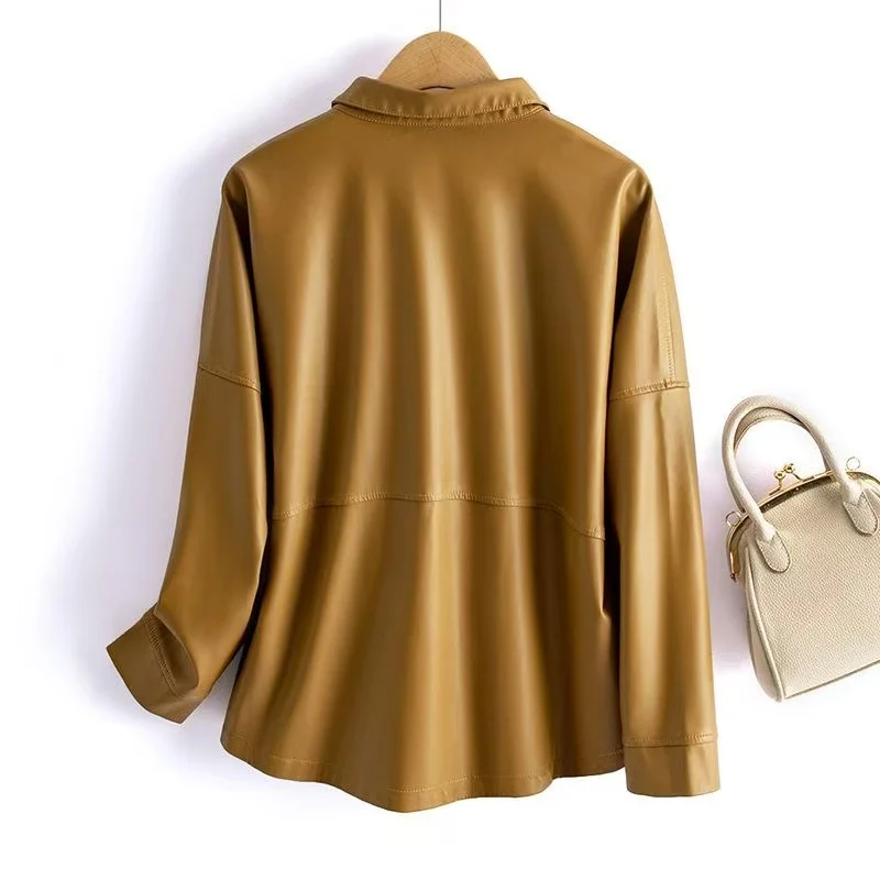 Chaqueta de piel de oveja para mujer, abrigo corto con bolsillos y botones, elegante, holgado, estilo coreano, para oficina