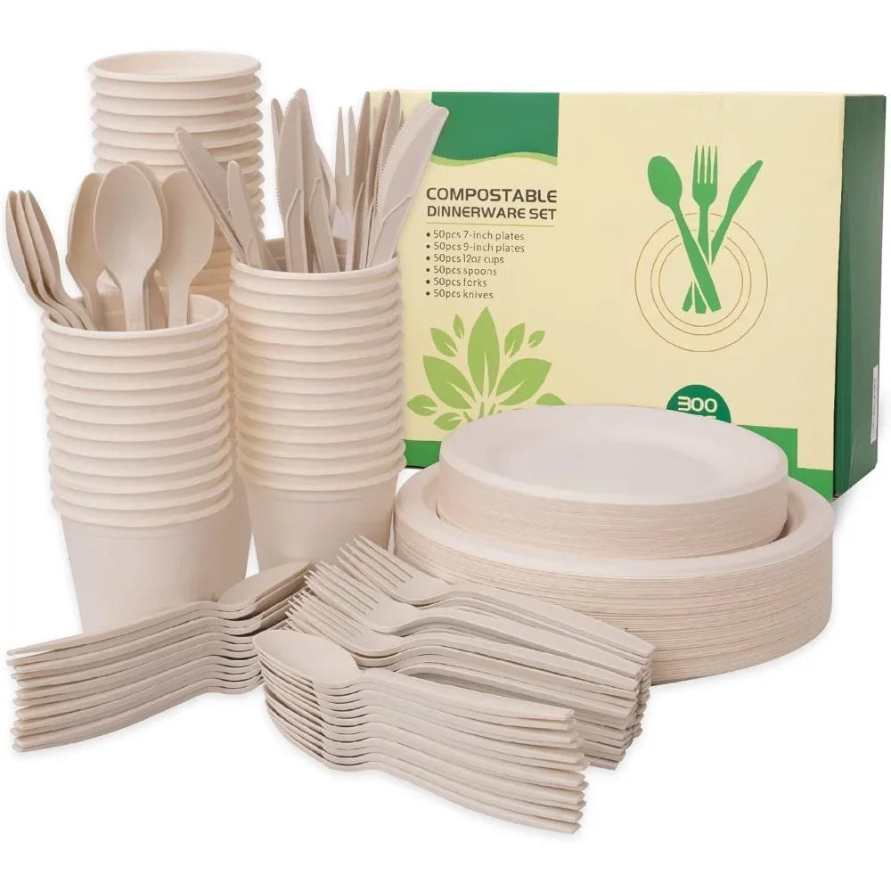 

300 Piece (50 Sets) Biodegradable Paper Plates Set (EXTRA LONG UTENSILS), Disposable Dinnerware Set, Eco Friendly Compostable Pl