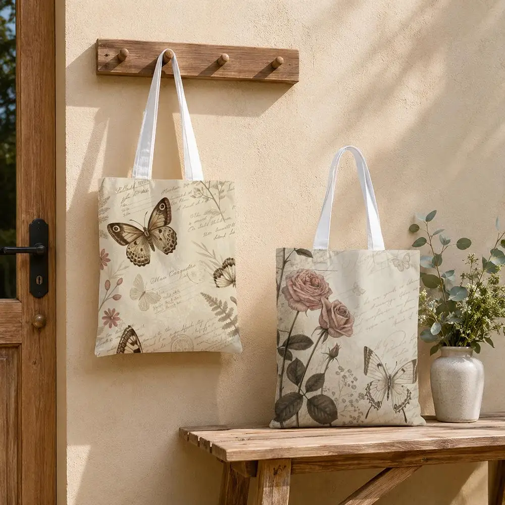 Eternal Butterfly Charm Storage Bags Large Structured Canvas Tote Bag Reusable Shopping Shoulder Bag Casual Handbag