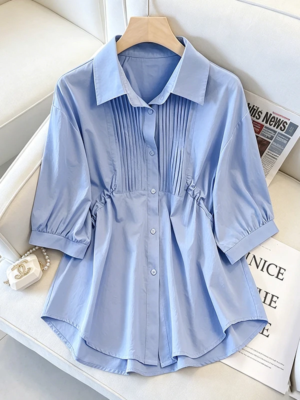 

Fashionable Casual Korean Style Shirt Large Size Summer New Women's Clothing Youthful Appearance Short Sleeve Bell Sleeve