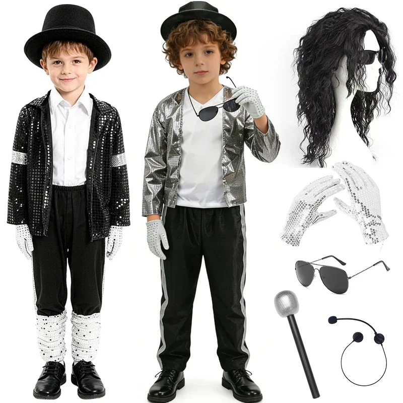 70s 80s American Pop Rock Superstar Boys MJ Costume Jackson Halloween Stage Performance Show Michael Retro Silver Clothes Outfit
