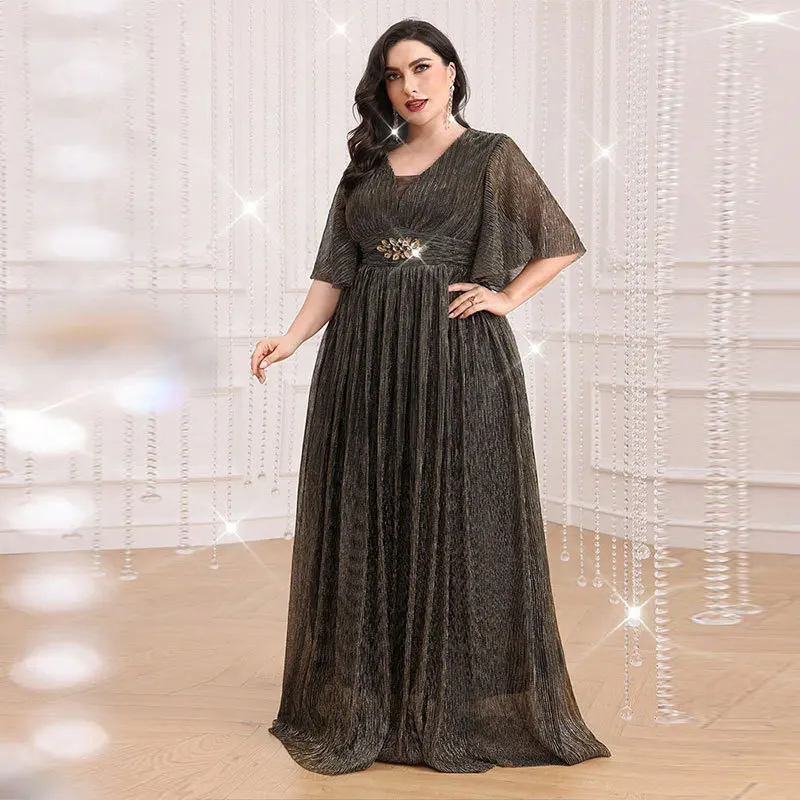 

KYP878 Faion plus Size Dr Sexy V-Ne Beaded Slimming Maid of Evening Gown Long A-Line Skirt with Pleated Hem