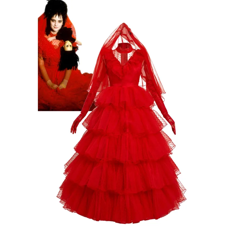 Beetle Cosplay Juice Costume Lydia Red Wedding Dress Outfits Women Retro Long Sleeve Lace Tulle Bride Gown Halloween Party Suit