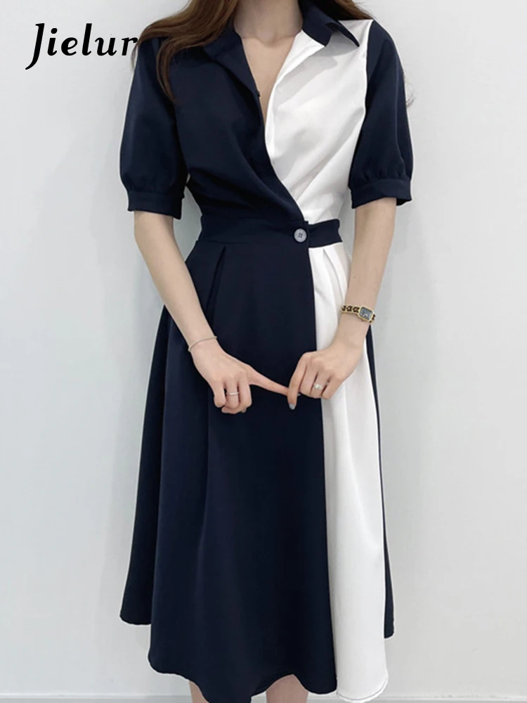 Jielur-Robe Chemise Femme Patchwork, Manches Courtes Bouffantes, Col Rabattu, Simple, Robe Française pour Femme, Bouton Unique, Printemps, Mode