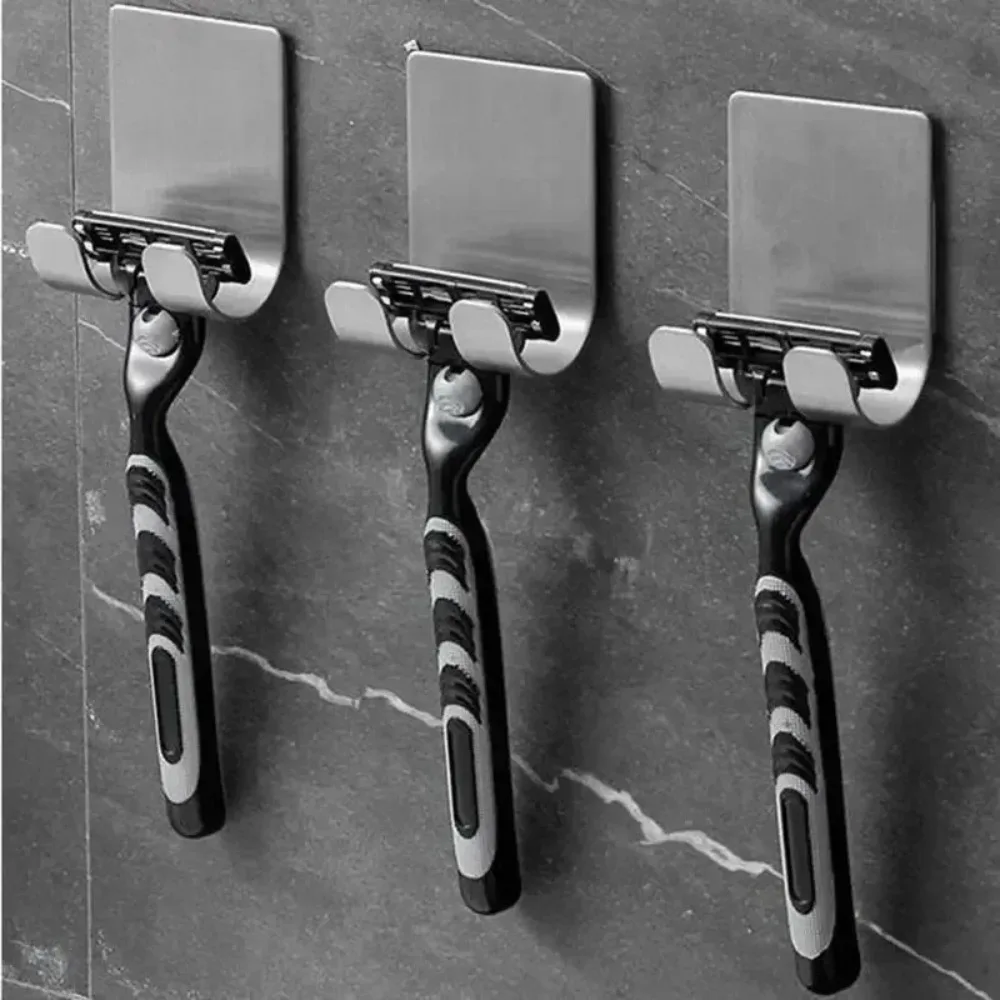 2pcs Stainless Steel Razor Holder Non-marking Adhesive Hook Bathroom Razor Storage Rack Hook Storage Device