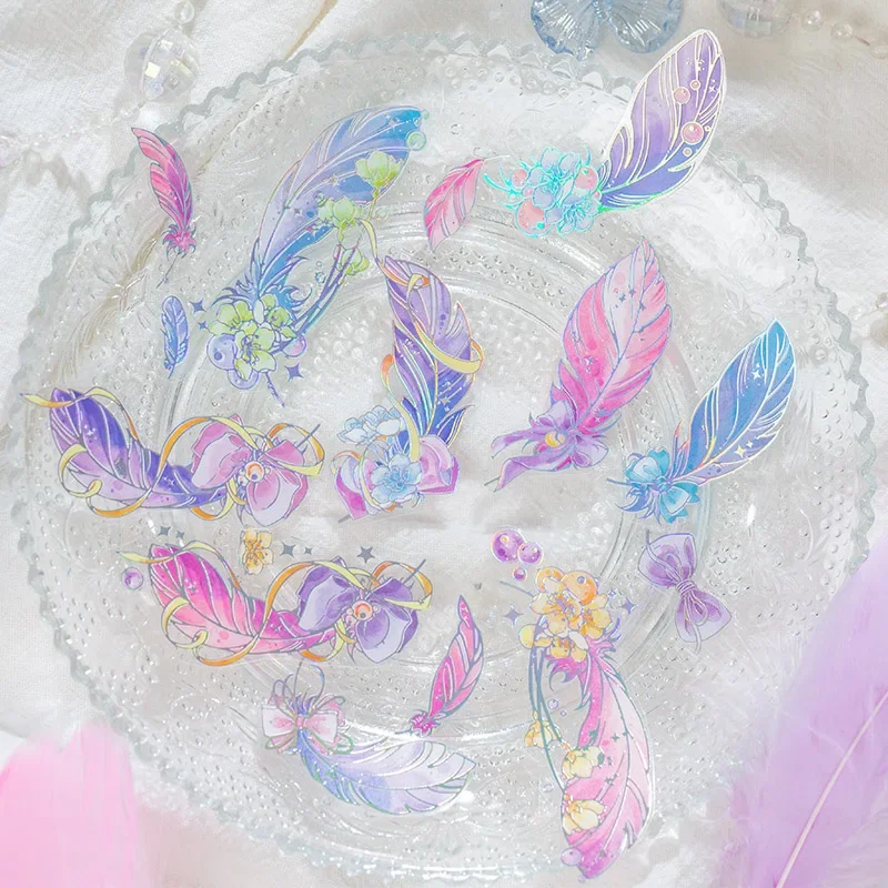 4 pieces/pack Pet sticker Feather art transparent colorful 3D Laser Sticker feather DIY Hand Account scrapbooking material