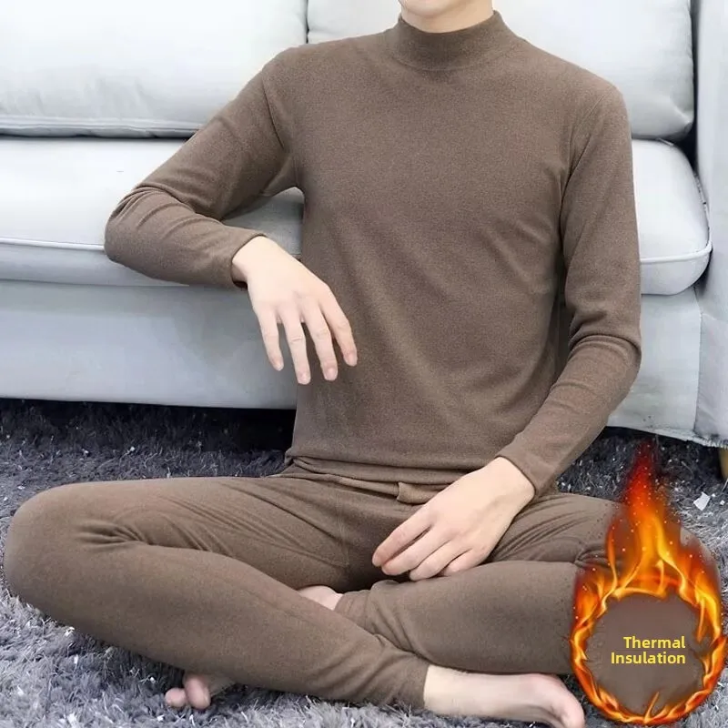 Warm Underwear Set High Neck Autumn Winter Men's Seamless Half High Neck Velvet Heating Base Shirt Pants Male Model Simple Style