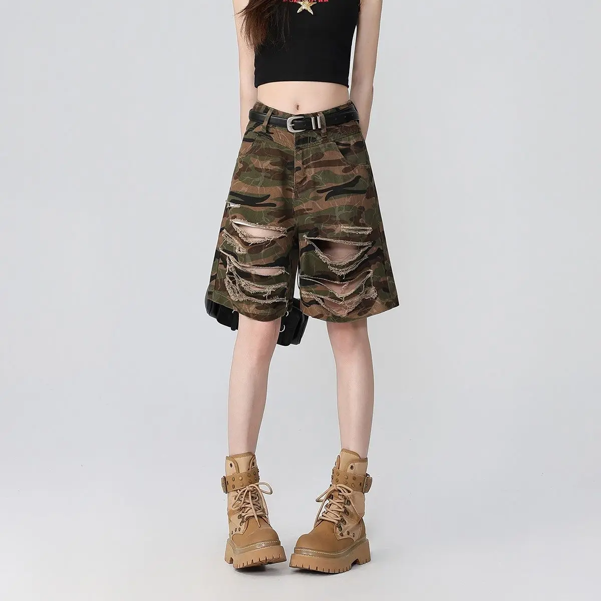 

Street Camouflage Ripped Denim Shorts Women's Knee Length Loose Straight Wide-leg Casual Pants Baggy Jeans