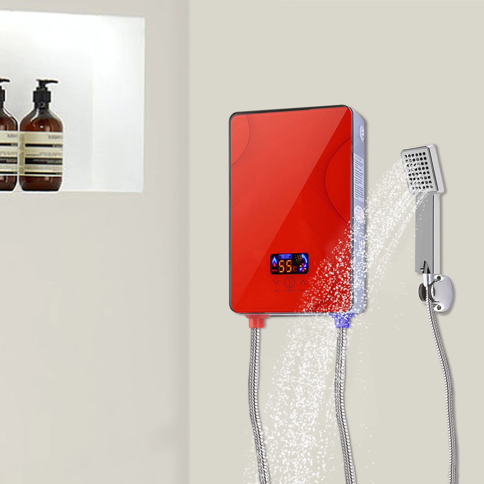 6500W Electric Water Heater Red DSK-65 Instant Hot Water Heater with LEDDisplay Screen IPX4 Adjustable Temperature 0.2-0.6MPa