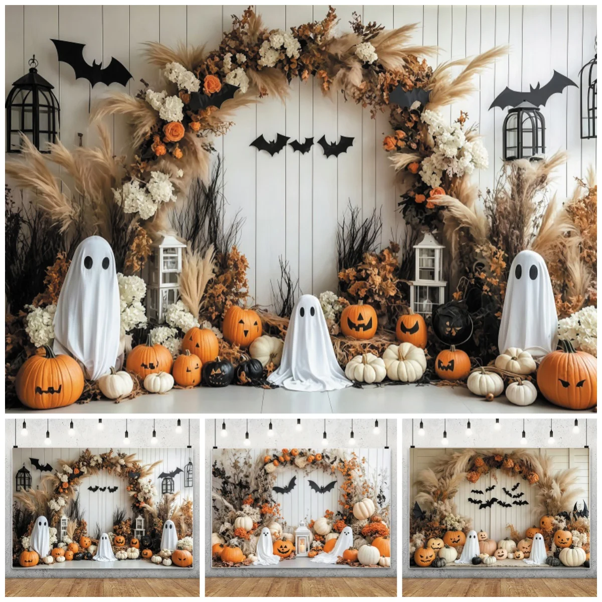 Toile de fond photographique pour Halloween, arche bohème en herbe de la pampa, arrière-plan fantôme citrouille chauve-souris, pour anniversaire d'enfants, portrait de bébé, studio photo