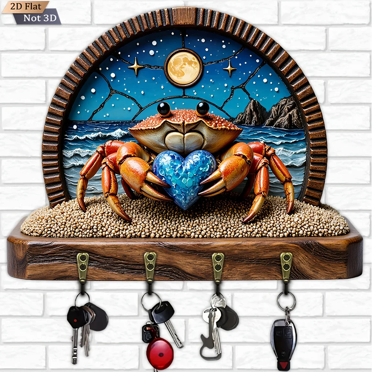 2D Flat, 1pc, Crab Holding Heart Key Hook, Wooden Multi-functional Home Key Rack, with Four Metal Hooks, Wall Decoration, Porch