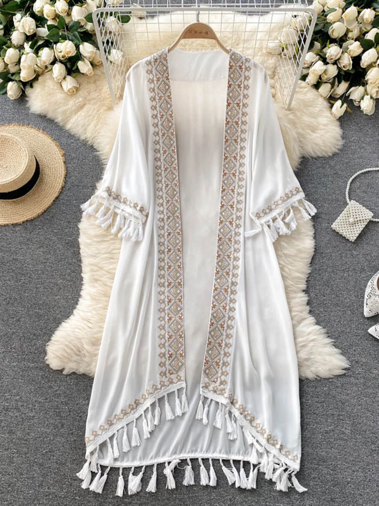 WeHello 2023 Summer Beach Kimono Women Bohemian Cover Up Long Fashion Embroidery Poncho Cardigan Tassel Chiffon Shirt