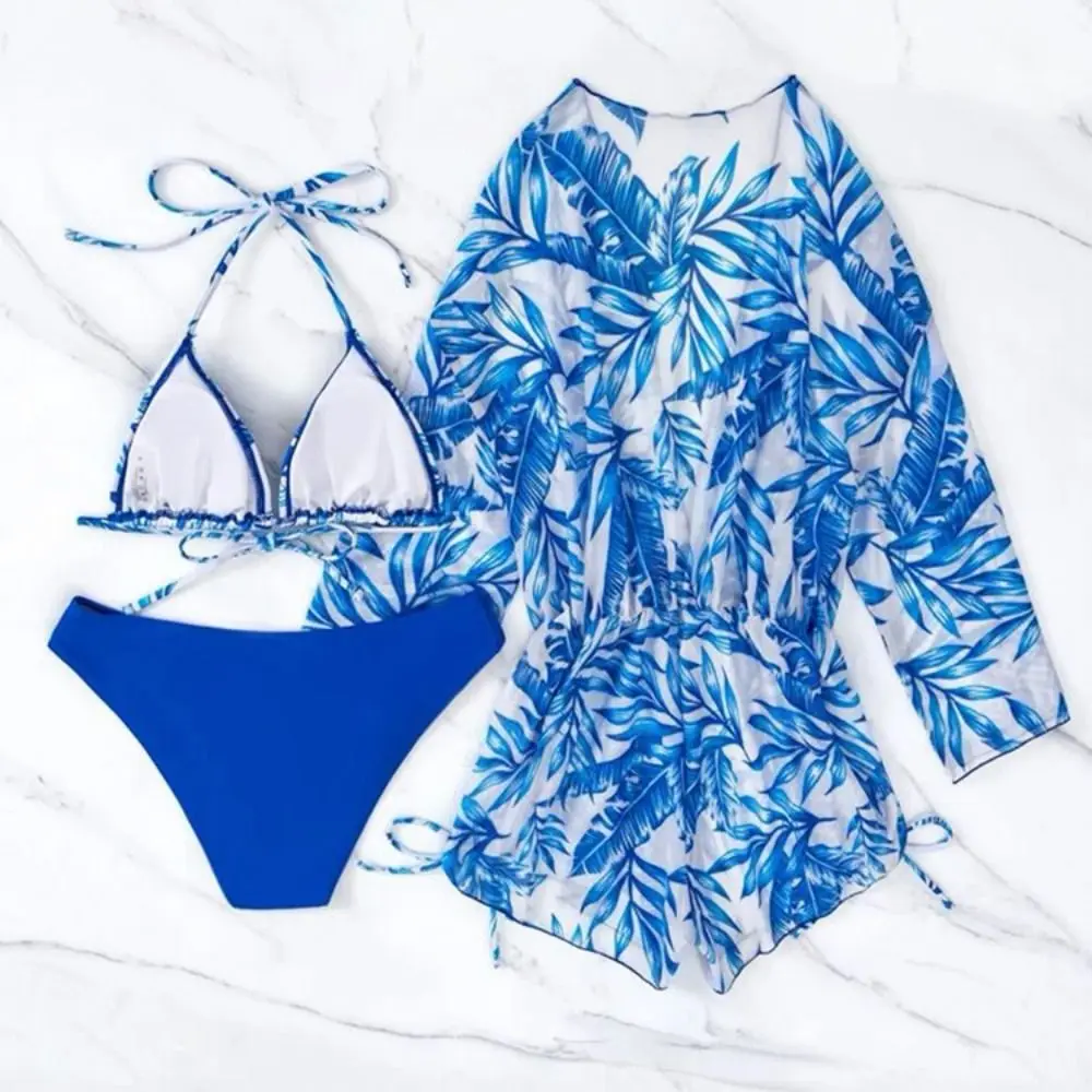 3 Pieces Set Bikini Sets Drawstring Side Print Long Sleeve Bathing Suit Push-up Bra Flower 3 Pieces Halter Bikini Women