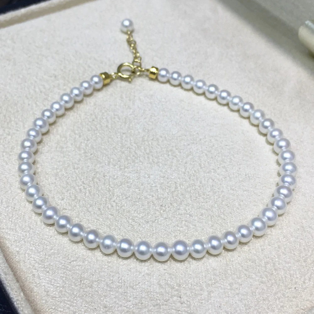 

4-4.5mm White Round Akoya Real Natural Pearl Bracelet 7.5-8" Genuine Filled 14k Gold Lobster Clasp Extension Chain Free Shipping