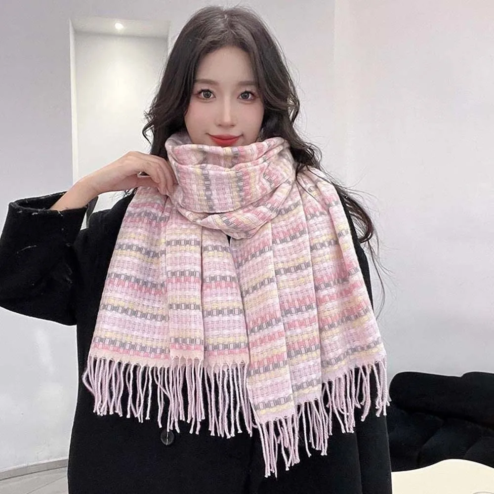 Soft Dopamine Plaid Scarf Anti-cold Korean Style Knitted Wool Shawl Polyester Contrast Color Long Neckscarf with Tassel Women