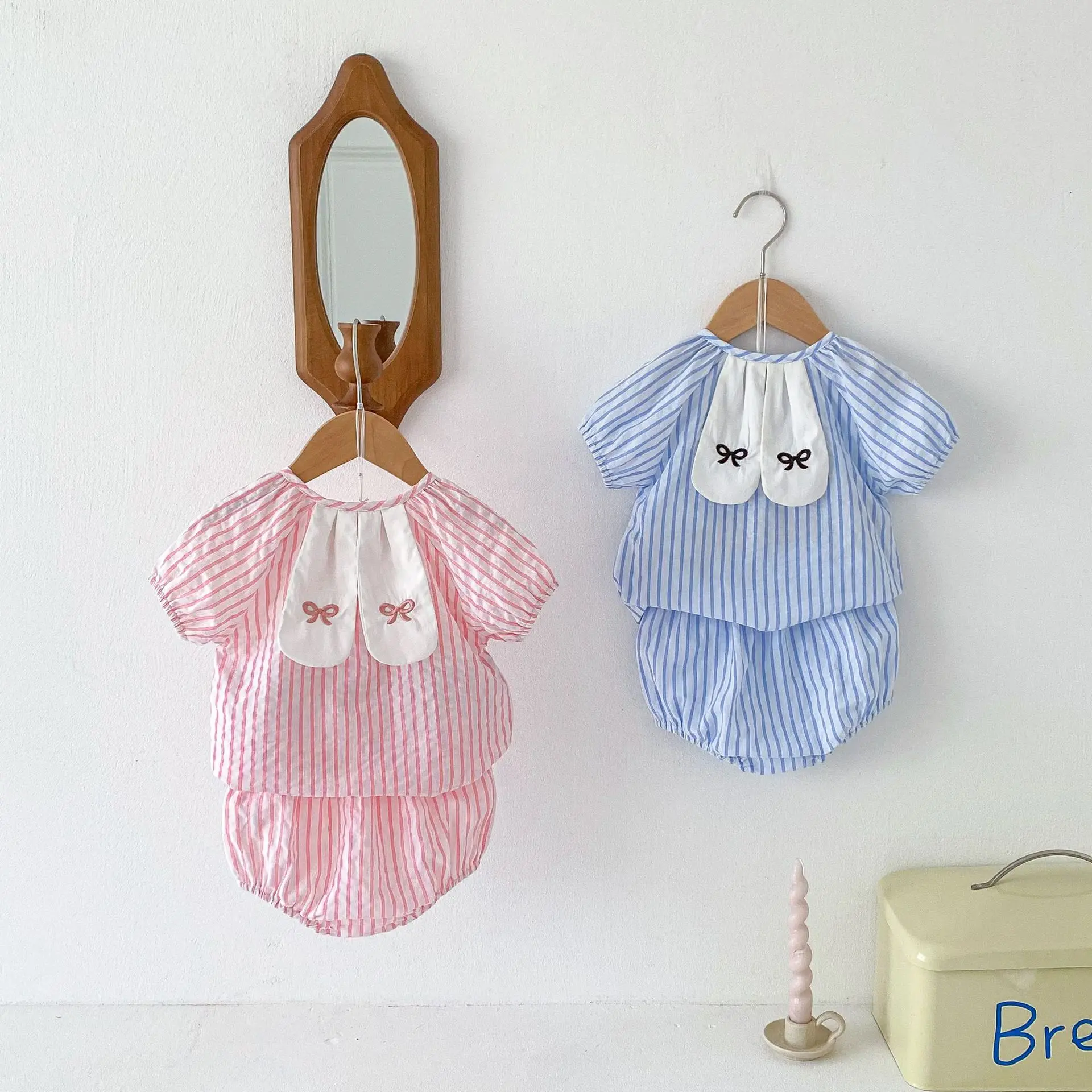2psc Summer Newborn Infant Baby Girls Streak T-Shirt + Shorts Cute Rabbit Ears Embroider Bow Kids Fashion Baby Clothing