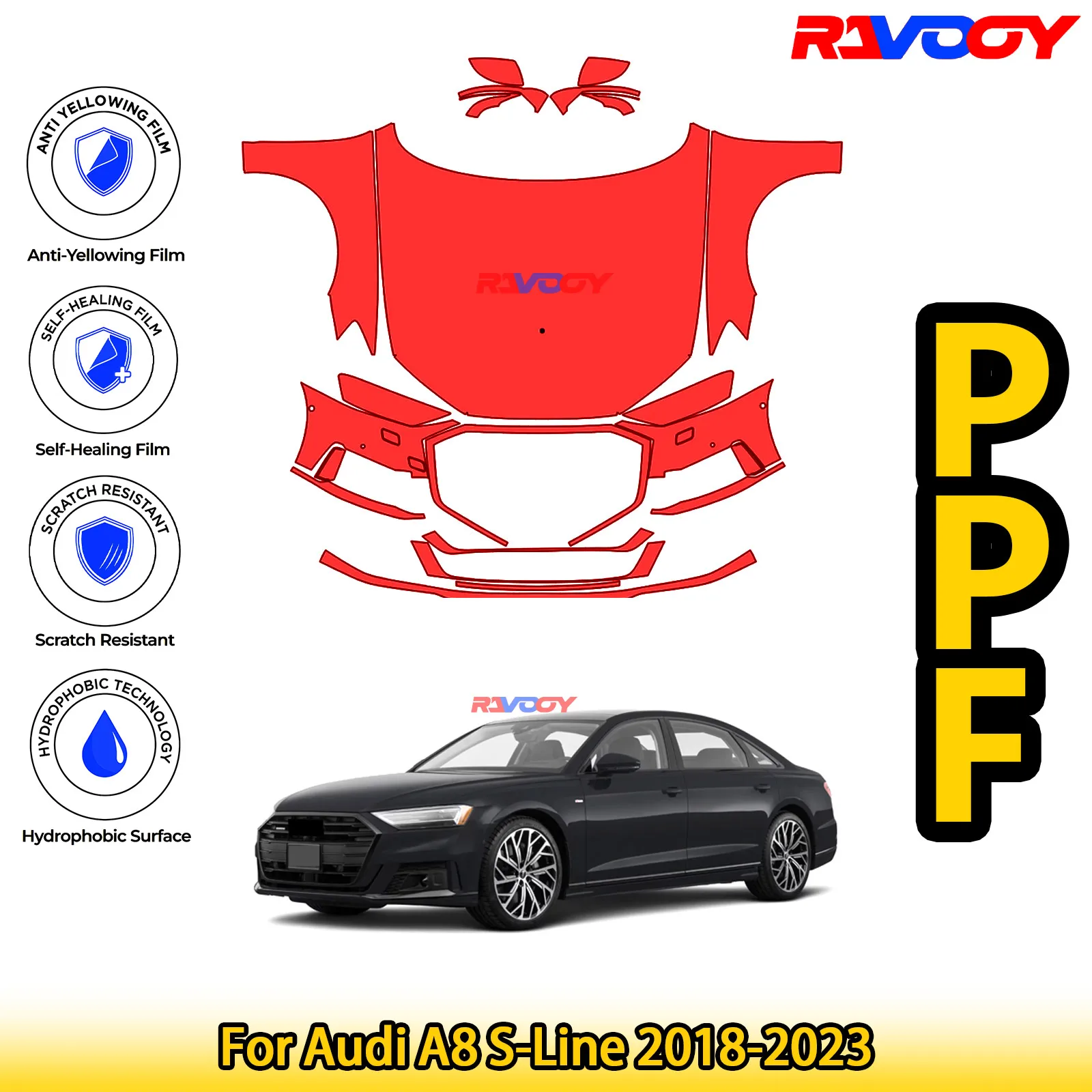 

For Audi A8 S-Line 2018-2023 Glossy Matte Black Precut front PPF Kit Paint Protection Film