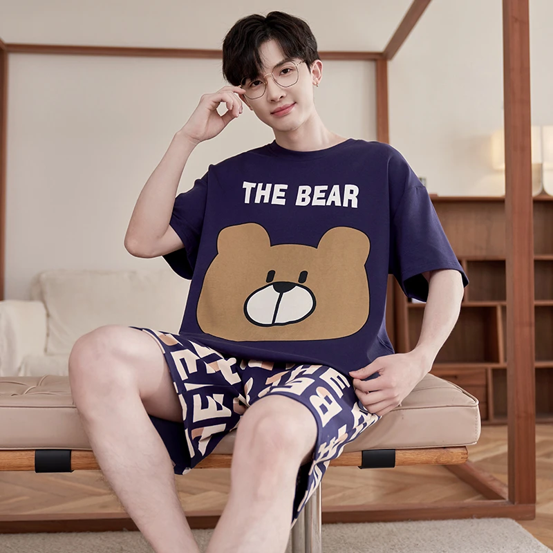 3XL Summer Men's Pijama Sets Cotton Short Sleepwear Cute Bear Male Homewear Pyjamas Korean Loose Pajamas Conjuntos de Pijama