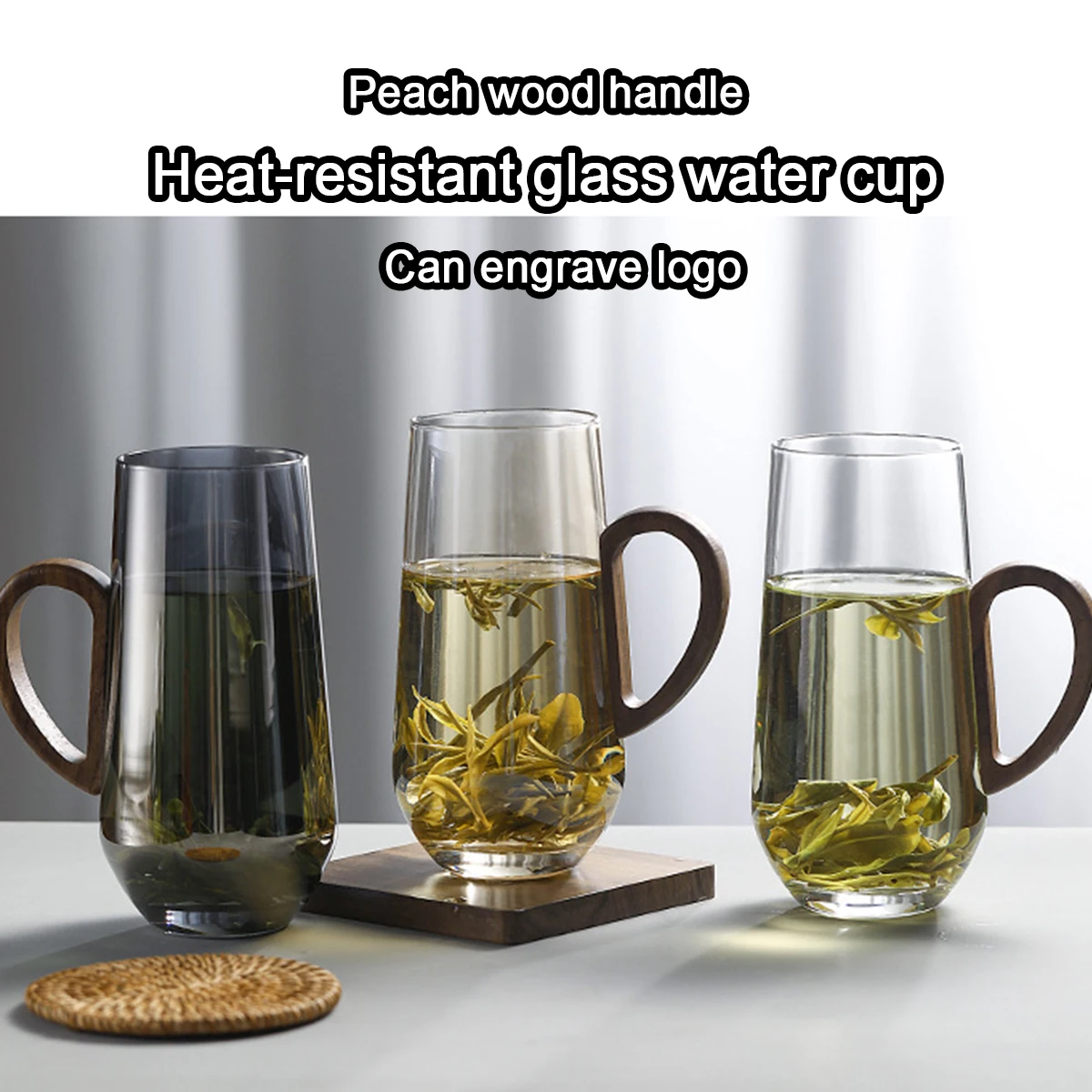 (Can Engrave Logo) 400ml/500ml Heat-resistant Glass Tea Mug, Walnut Wood Handle for Scalding Protection, Coffee Cup, Beer Glass