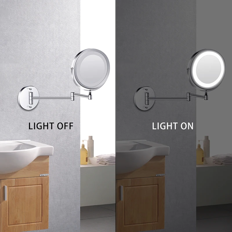 Il braccio pieghevole montato a parete estende lo specchio del bagno con luce a LED 10X ingrandimento doppio lato Touch dimmerabile specchi per il trucco