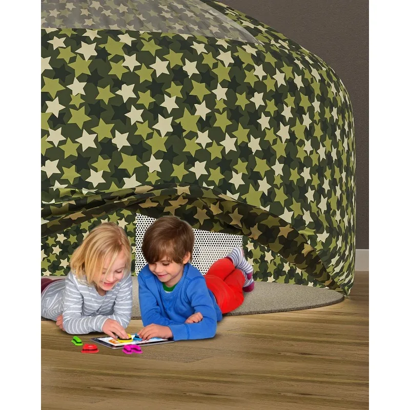 Grande tente gonflable Camo Stars avec sol pour enfants, maison de jeu, fort pour enfants, mis en place et à gauche en quelques secondes