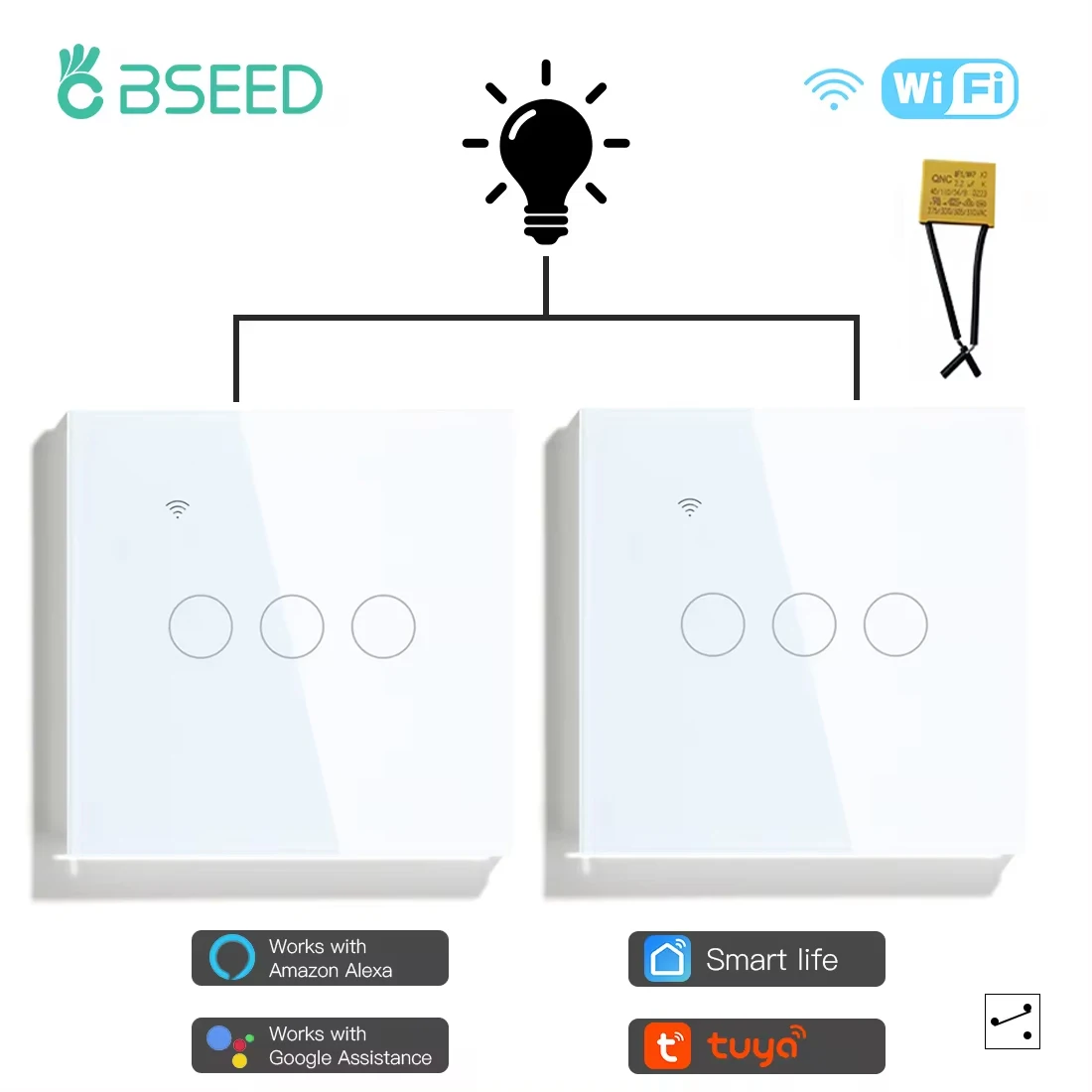BSEED 1/2/3Gang Wifi Touch Schalter Mit Kondensator 2Way Für Treppen Korridore Lampen Tuya Smart Leben Alexa App Steuerung 2Pack 5