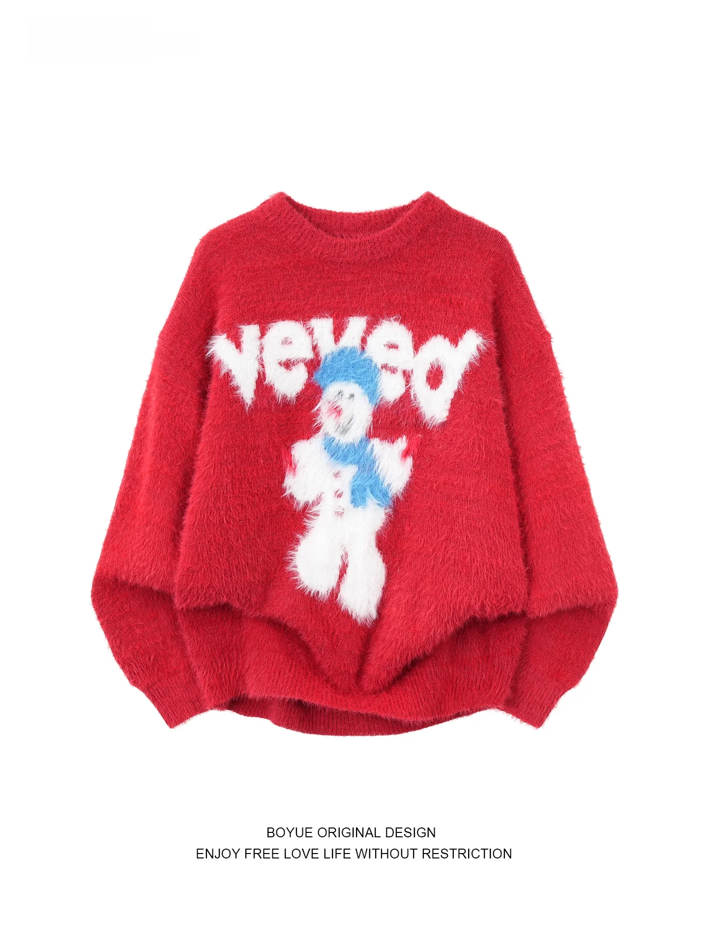 

Boyue American Retro Snowman Knitted Sweater Loose Cisas Red Couples Long Sve round Ne Pullover for Men And Women