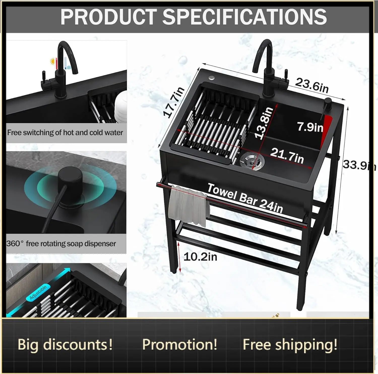 

Мойка коммерческая из нержавеющей стали, 60x45x86 см, отдельностоящая, с одной чашей, для холодной и горячей воды