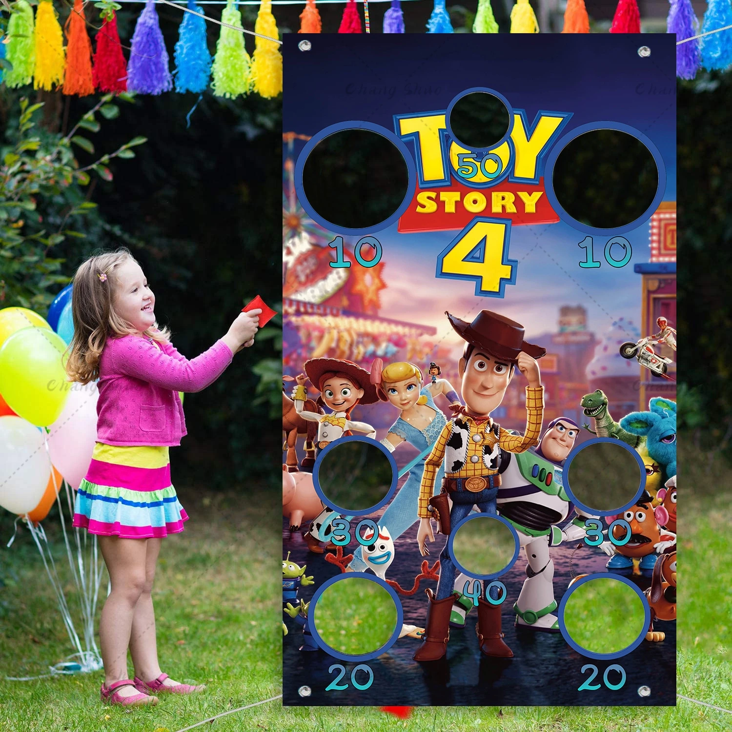 Toy Story Toss Games Banner con 1 bolsa de frijol para niños y niñas, Fondo de fiesta de cumpleaños, Fondo de foto para diversión al aire libre, juego de patio