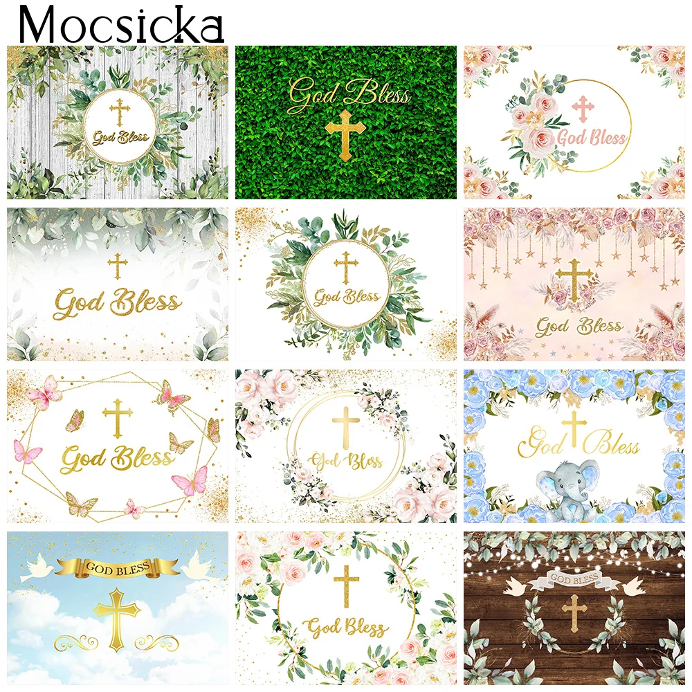 

God Bless Backdrop Decorations Baby Holy Communion Party Background First Baptism Newborn Birthday Supplies Props Photoshoot