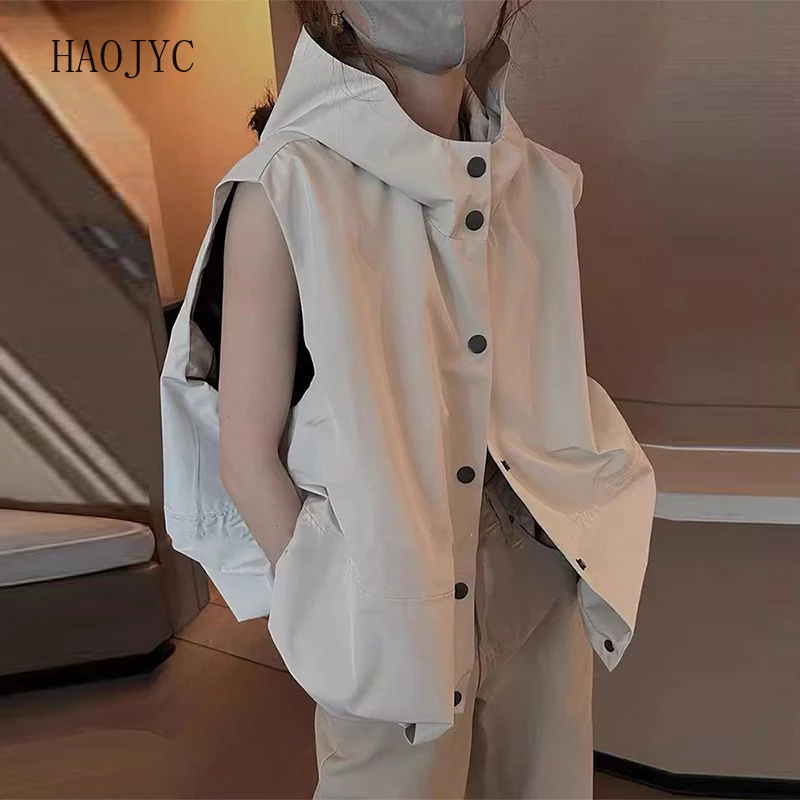 Design sense Loose casual hooded tooling  Women's summer stacked sleeveless  Sports vest Vest jacket