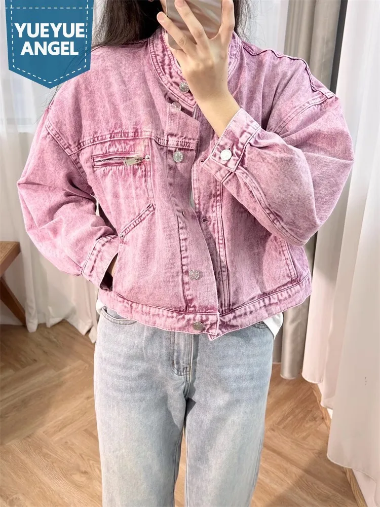 

Stand Collar Vintage Women Denim Jacket High Street Casual Sweet Loose Fit Pink Outerwear Single Breasted Spring Lady Short Coat